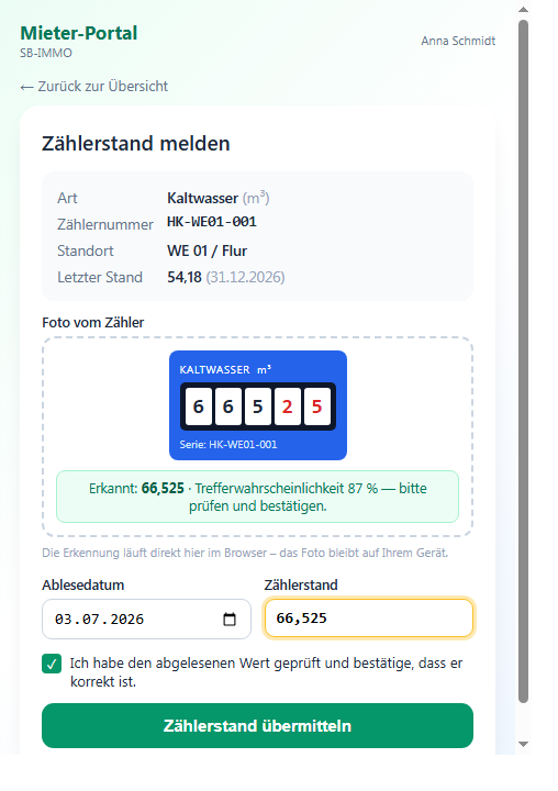 Mieter meldet Zählerstand per Foto